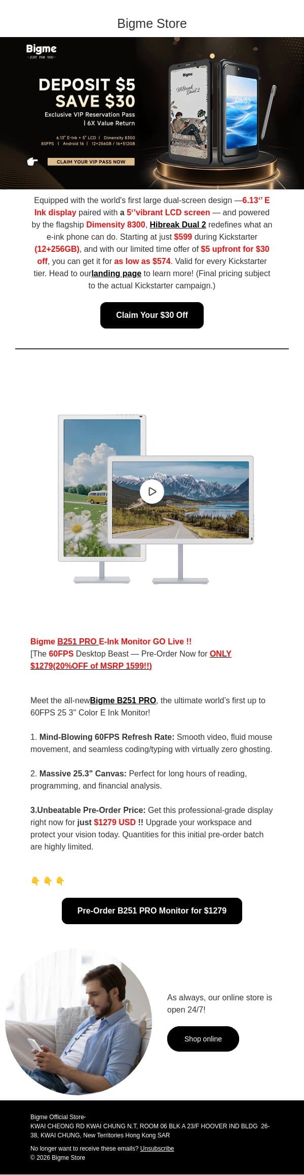 Save $30 on Hibreak Dual2 Smartphone & Pre-Order B251 PRO 60FPS Monitor for Only $1279! email from Bigme screenshot