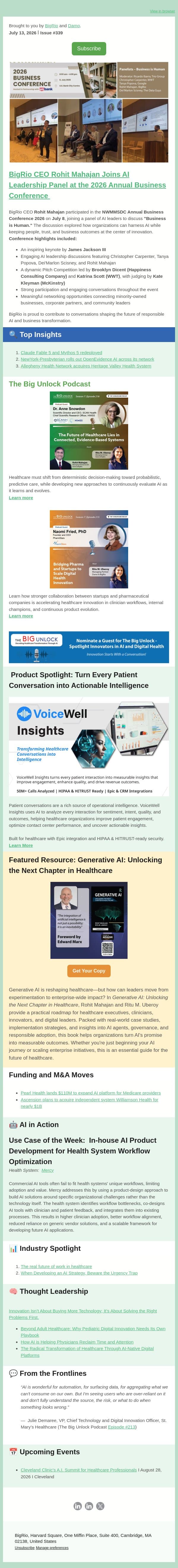 #339 Healthcare AI+Newsletter! email from BigRio screenshot