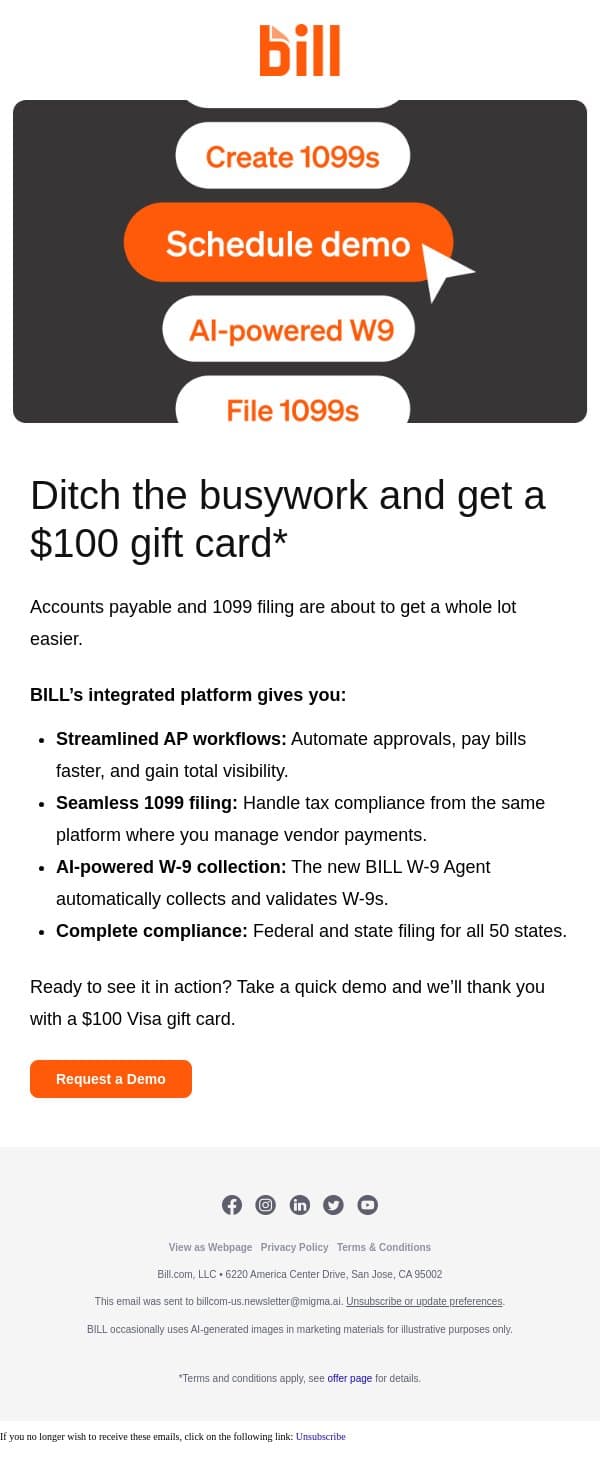 Transform AP and 1099 filing, get $100 gift card email from Bill.com screenshot