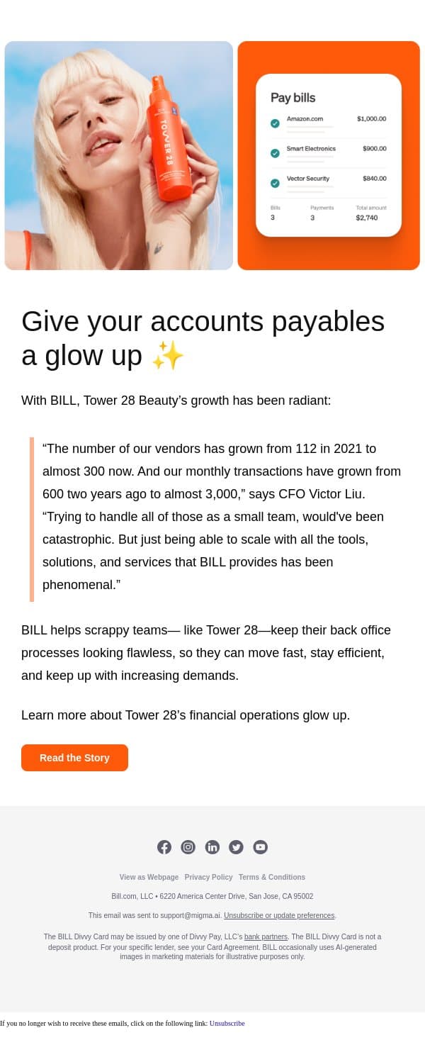Tower 28 Beauty scales beautifully with BILL 📈 ✨ email from Bill.com screenshot