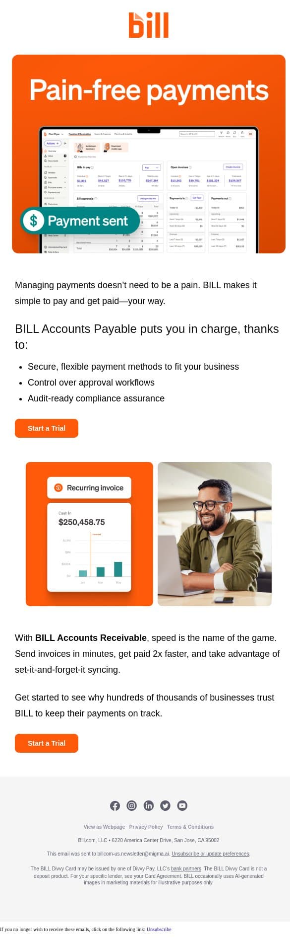 Fast, secure payments, your way, with BILL 💵 email from Bill.com screenshot