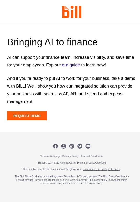 Get ready to learn about AI email from Bill.com screenshot
