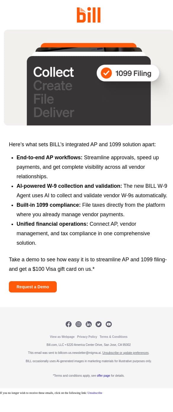 Your 1099 demo and gift email from Bill.com screenshot