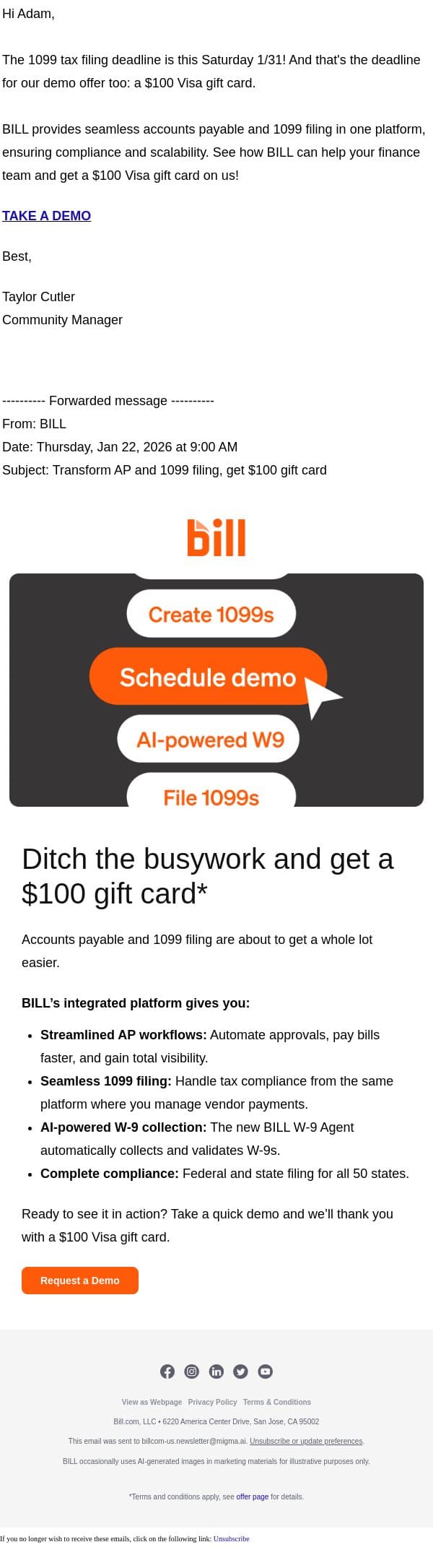 FWD: Transform AP and 1099 filing, get $100 gift card email from Bill.com screenshot
