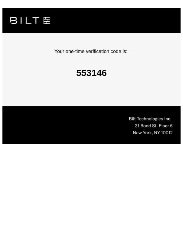 Bilt Verification Code email from Bilt screenshot