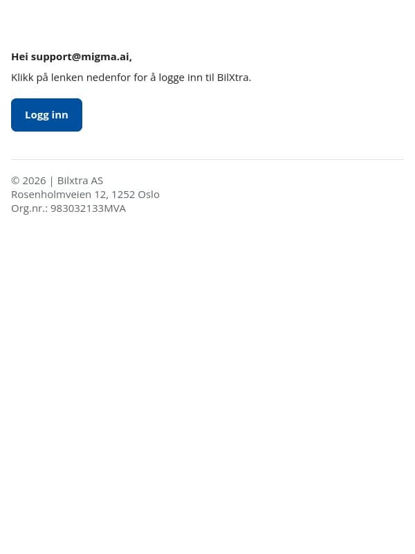 Logg inn email from BilXtra screenshot