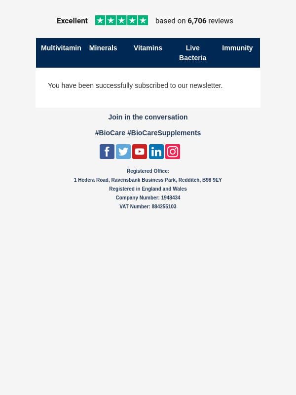 Newsletter subscription success email from BioCare screenshot