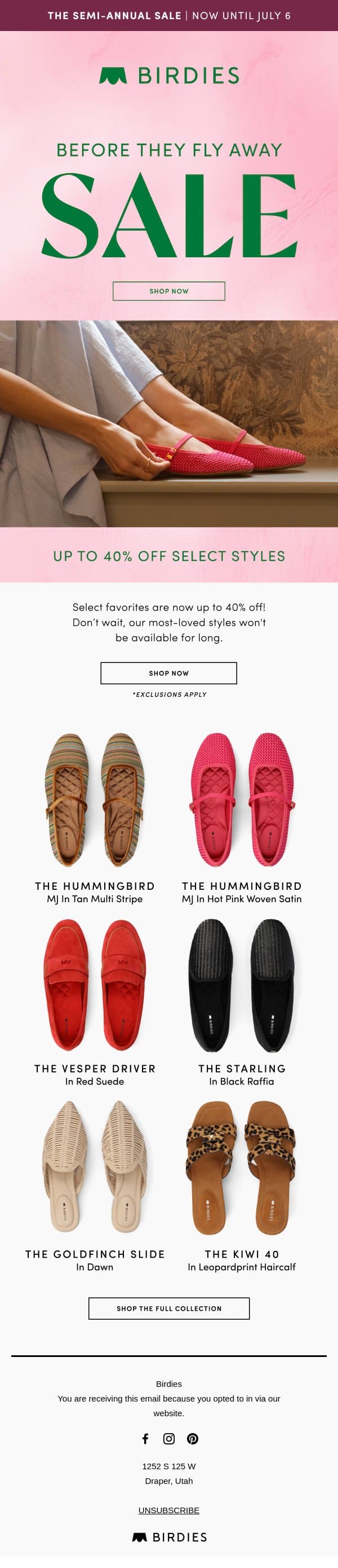 Up to 40% off before they’re gone! email from Birdies screenshot