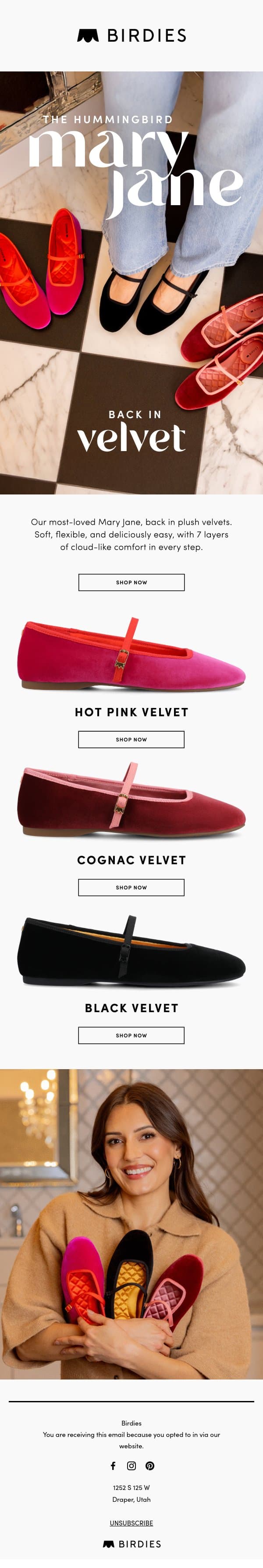 New Color Arrival: The Hummingbird Velvet Mary Janes email from Birdies screenshot