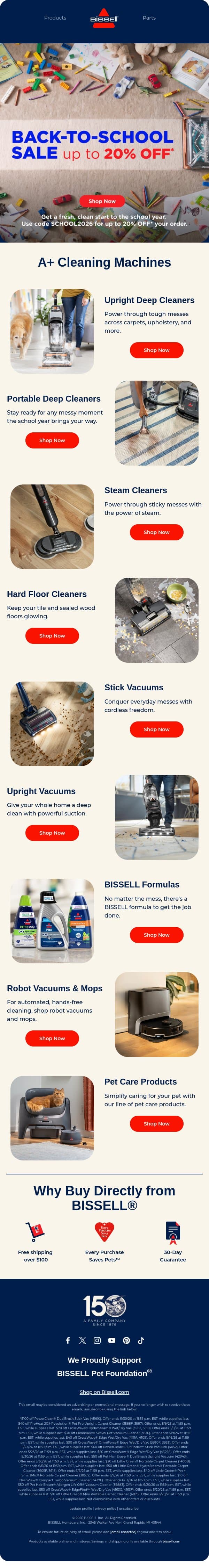 SAVE UP TO 20% on back-to-school cleaning 📚 email from Bissell screenshot