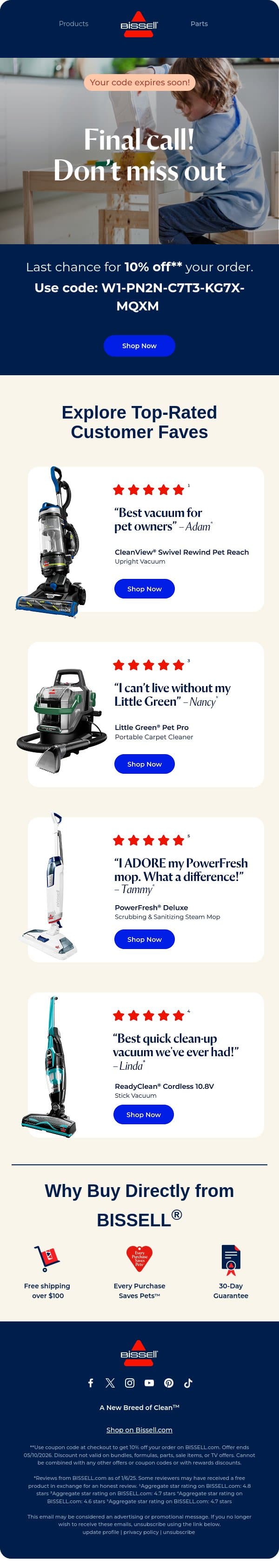 Last chance to score 10% off BISSELL® faves email from Bissell screenshot