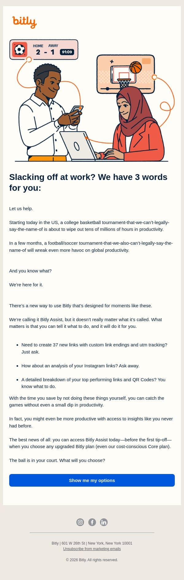 Watching sports at work? email from Bitly screenshot