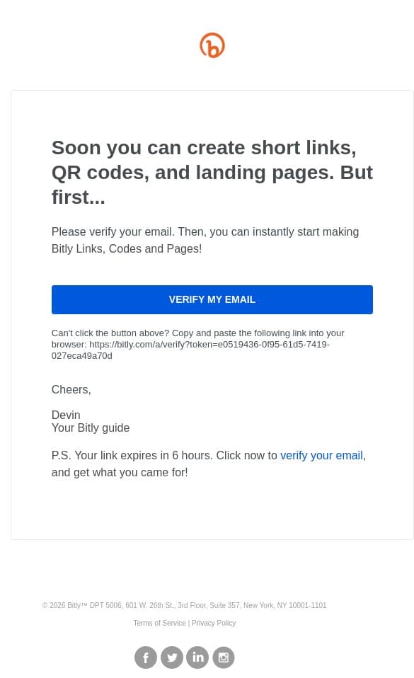 Please verify your email | Bitly email from Bitly screenshot