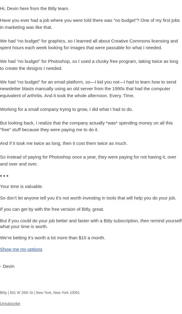 The “no budget” paradox email from Bitly screenshot