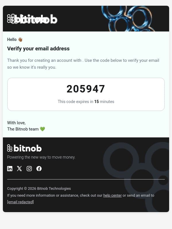 Your Bitnob verification code email from Bitnob screenshot