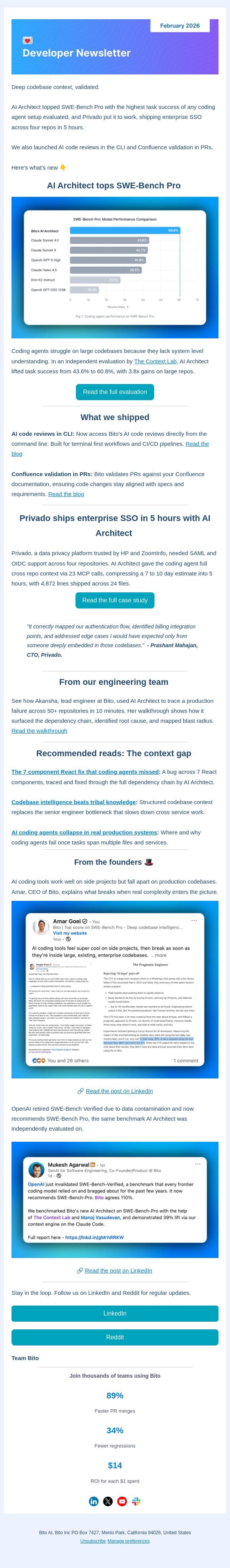 Bito’s AI Architect tops benchmarks | What’s new from Bito email from Bito screenshot