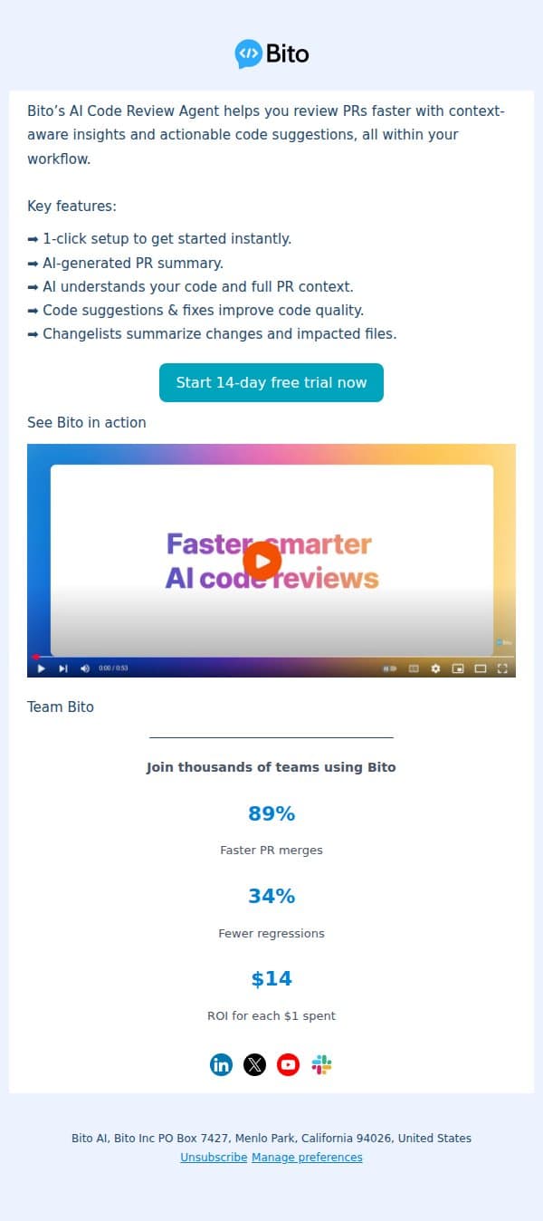 Your next PR, reviewed by AI. See how it works. email from Bito screenshot