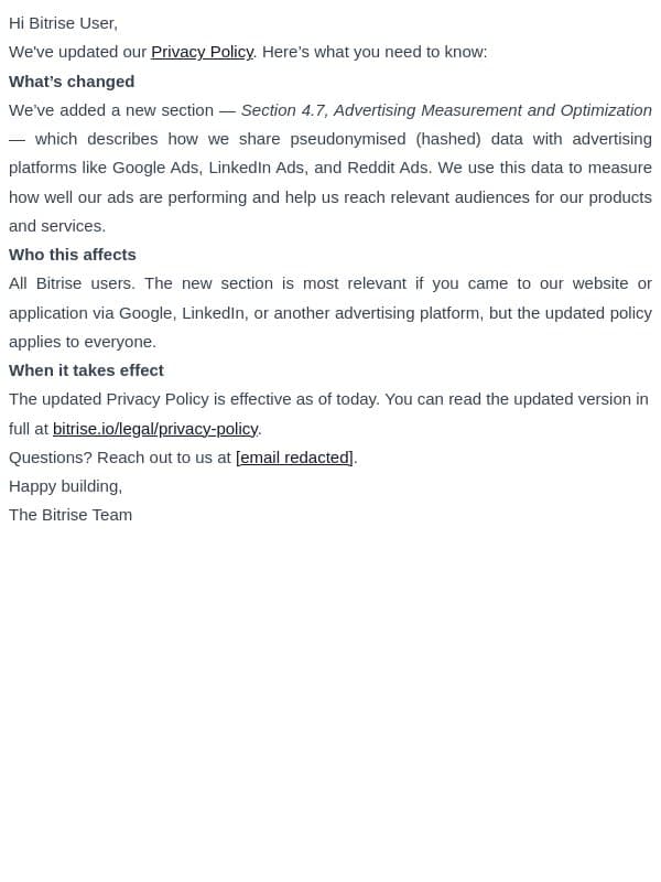 We've updated our Privacy Policy email from Bitrise screenshot