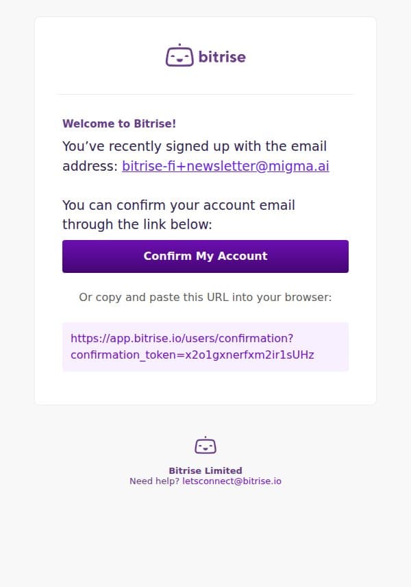 Confirmation instructions email from Bitrise screenshot