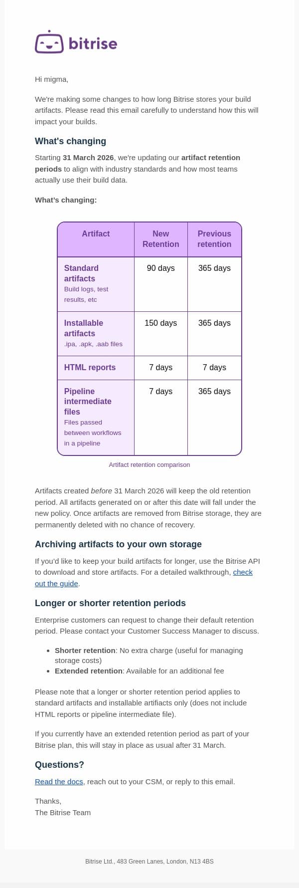 🚨 Important: Updates to Artifact Retention Policy (effective 31/03/26) email from Bitrise screenshot