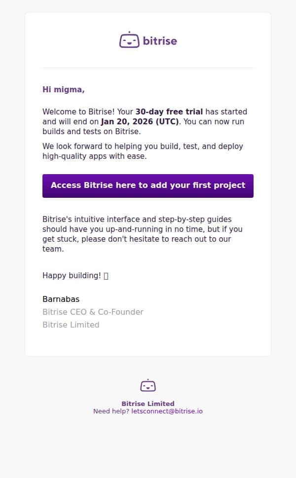 Your free trial has started email from Bitrise screenshot