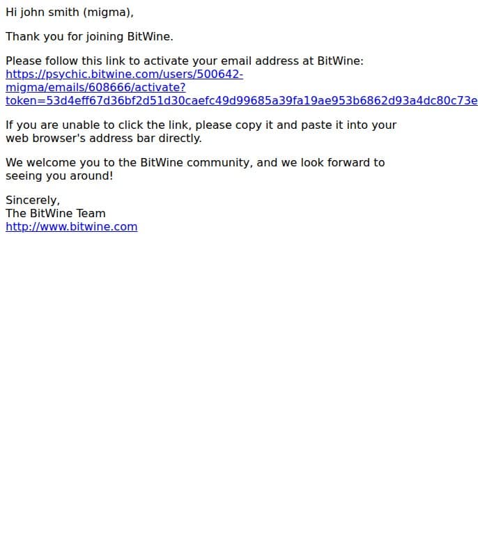 BitWine Email Activation email from Bitwine screenshot