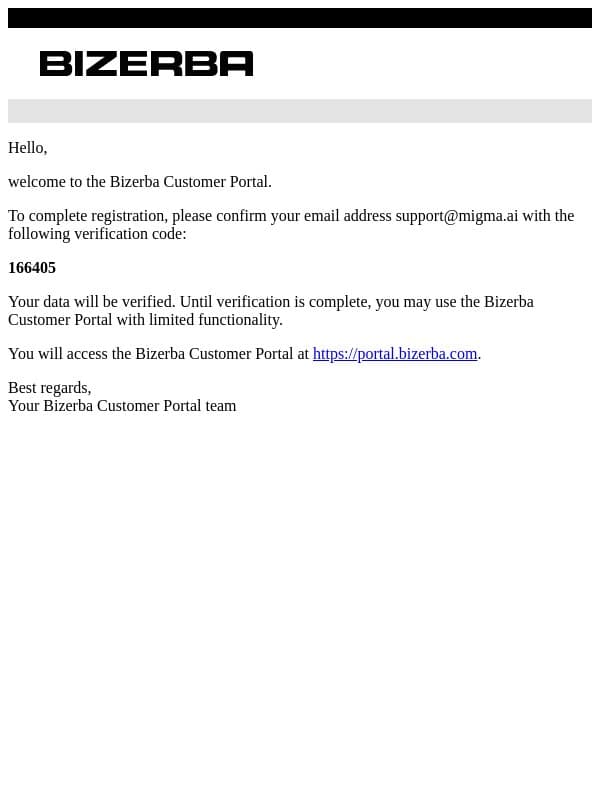 Welcome to the Bizerba Customer Portal email from Bizerba screenshot