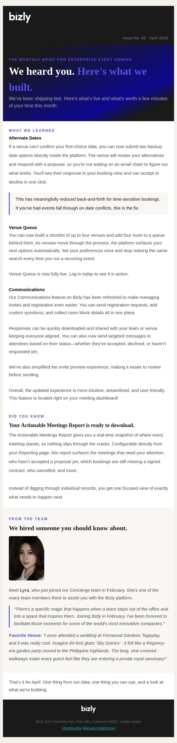 We heard you. Here's what we built in April. email from Bizly screenshot
