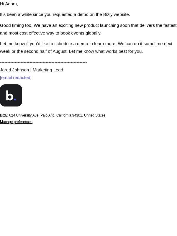 Your Bizly info request email from Bizly screenshot