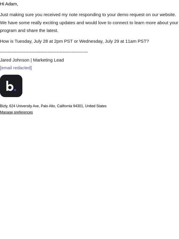 Following up on your demo request email from Bizly screenshot