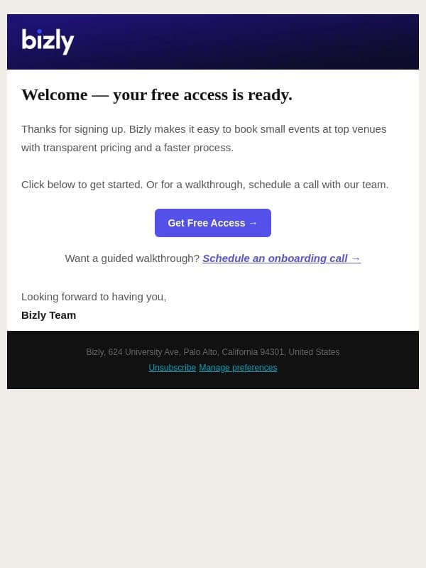 Welcome, adam! Your Free Access Awaits email from Bizly screenshot