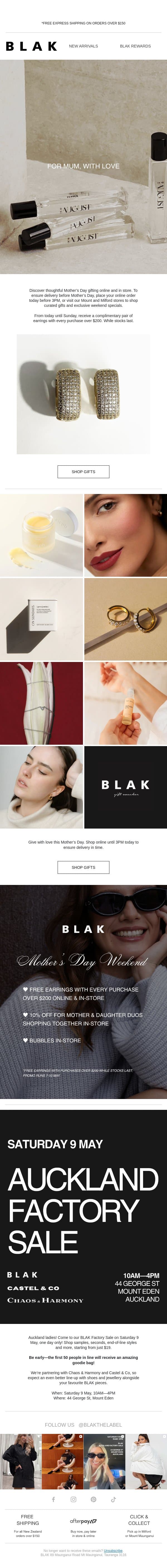 Free Earrings With $200+ Spend, Today–Sunday 🎁 email from Blak screenshot