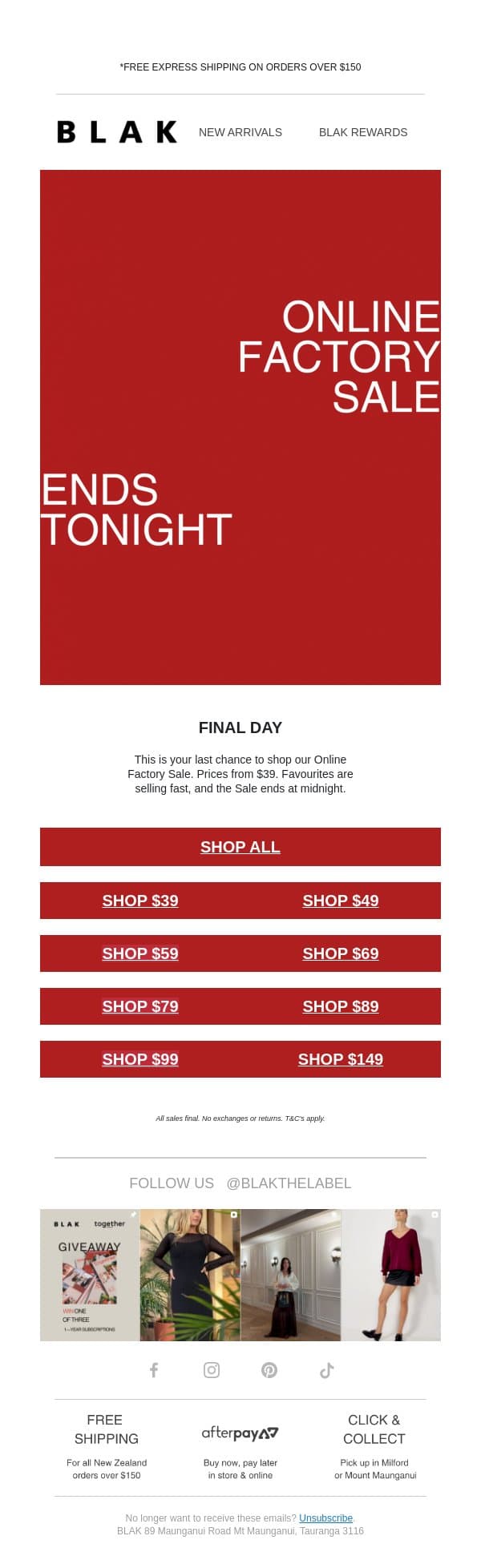 LAST CHANCE: ONLINE FACTORY SALE ENDS TONIGHT ❤️‍🔥 email from Blak screenshot
