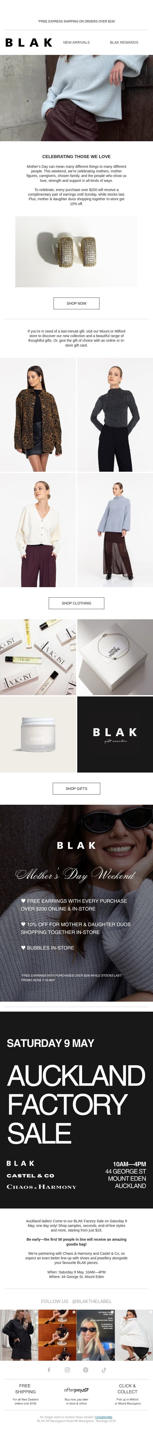 Happy Mother’s Day To Those Celebrating 💕 Free Earrings Until Sunday email from Blak screenshot