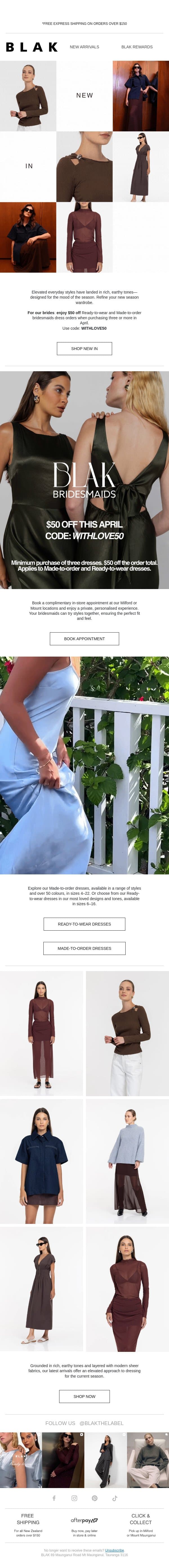 New Arrivals + $50 Off Bridesmaids in April 🤍 email from Blak screenshot
