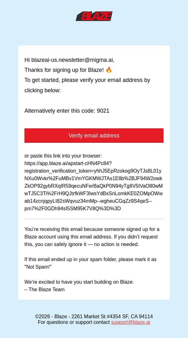 Your Blaze verification code 9021 email from Blaze.ai screenshot