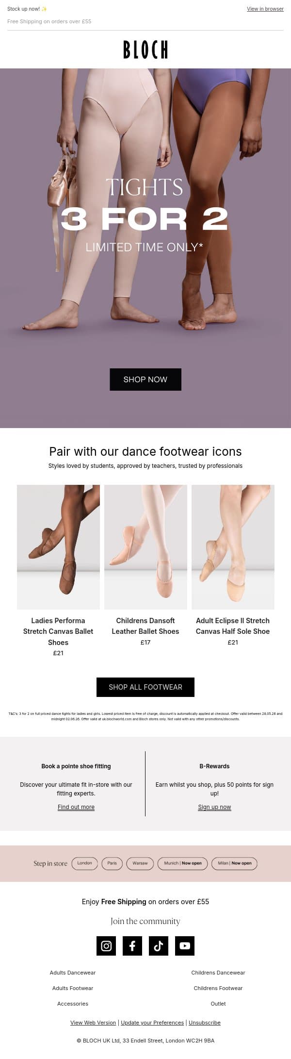 3 for 2 on tights | Limited time only email from Bloch screenshot