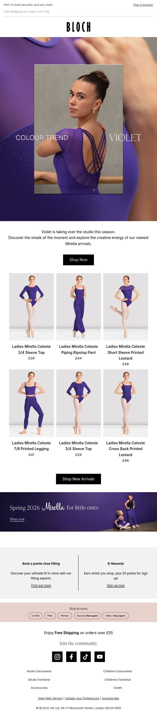 The colour of the season is here 💜 email from Bloch screenshot