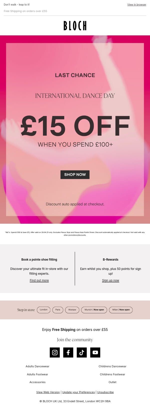 LAST CHANCE | Spend £100 & save £15 💸 email from Bloch screenshot