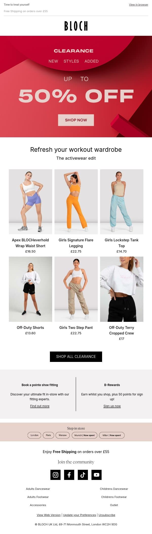 CLEARANCE | Our top activewear picks at up to 50% off! email from Bloch screenshot