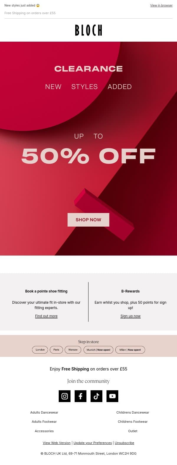CLEARANCE | Move in the best for less! email from Bloch screenshot