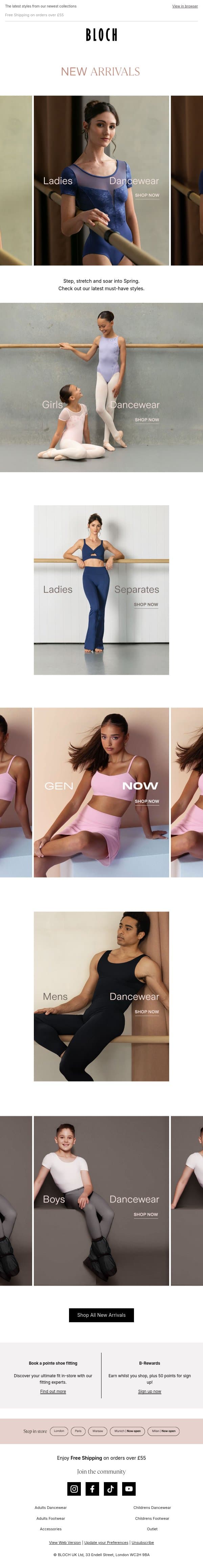Spring new arrivals email from Bloch screenshot