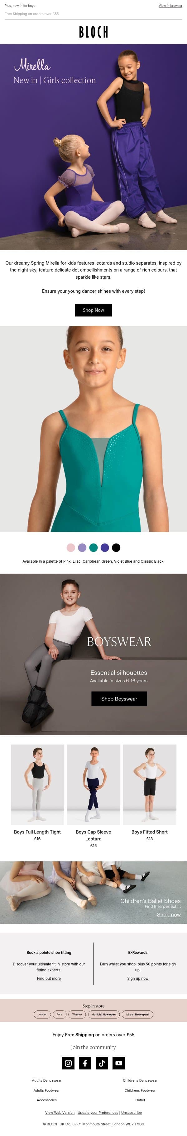 New arrival | Girls Spring Mirella collection! email from Bloch screenshot