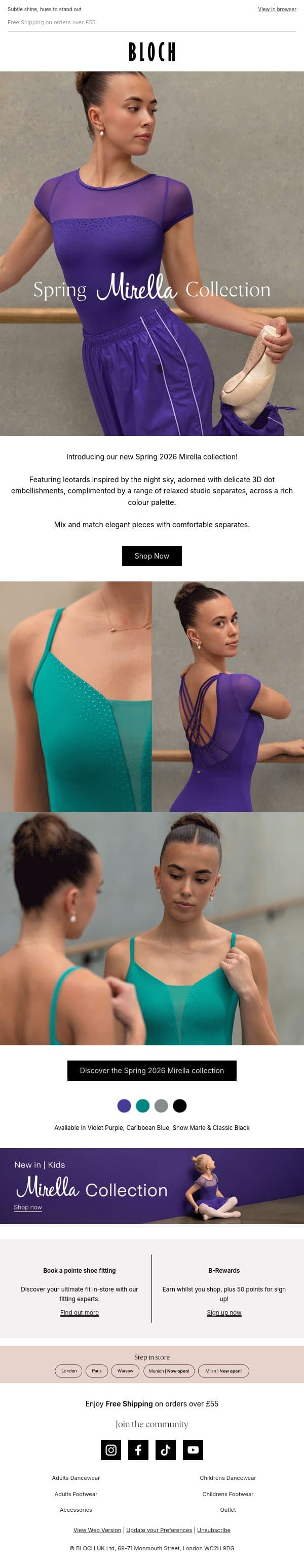 Just arrived | Spring 2026 Mirella email from Bloch screenshot