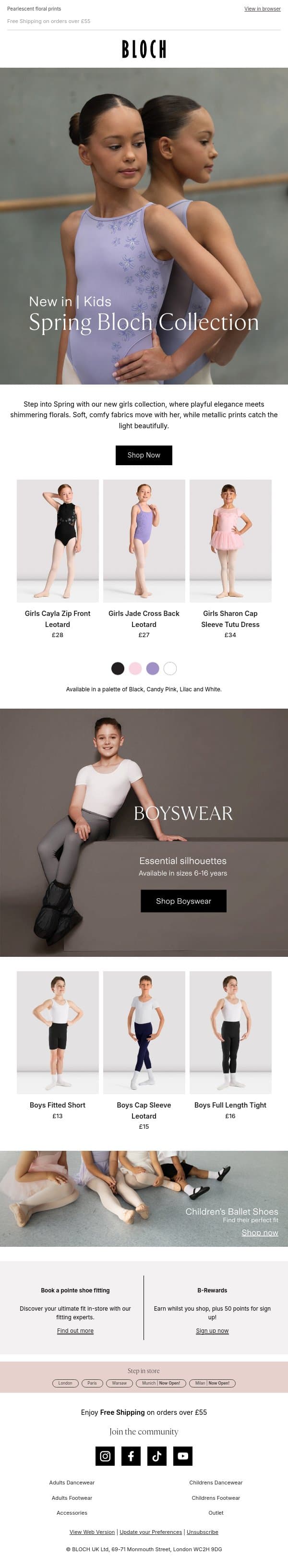 Spring 2026 for younger dancers! email from Bloch screenshot