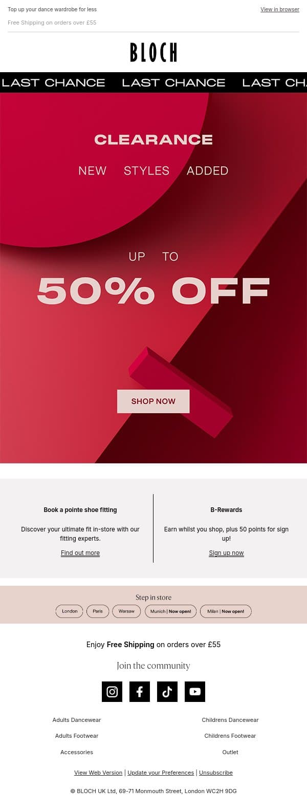⏰ LAST CHANCE | Shop our latest markdown styles! email from Bloch screenshot
