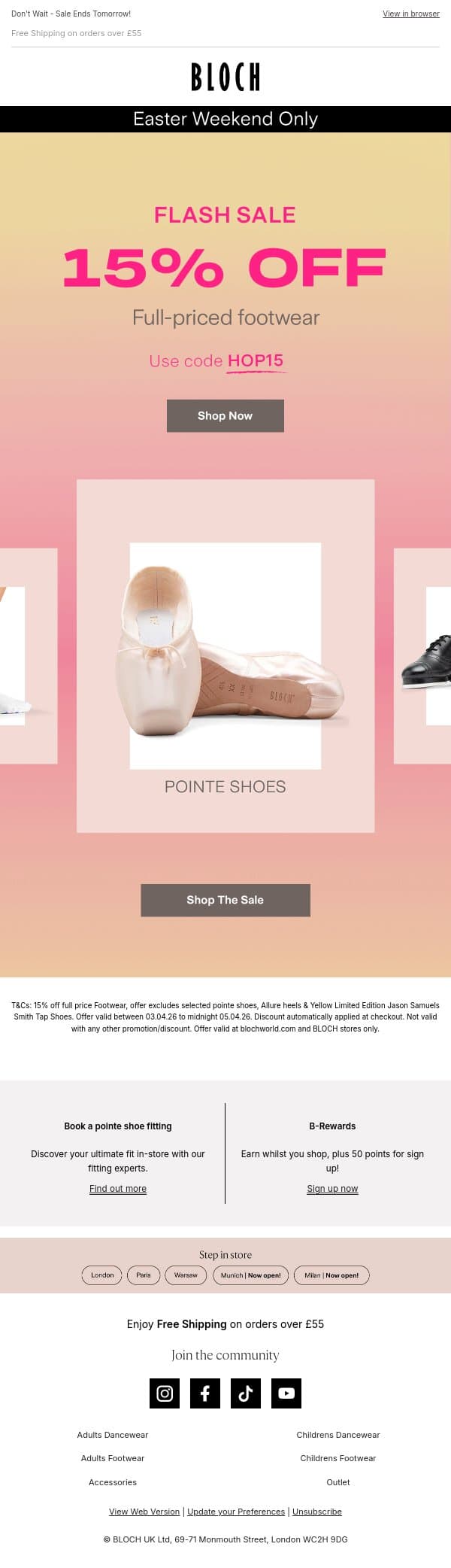 Hop to It >> Save 15% with code HOP15 email from Bloch screenshot