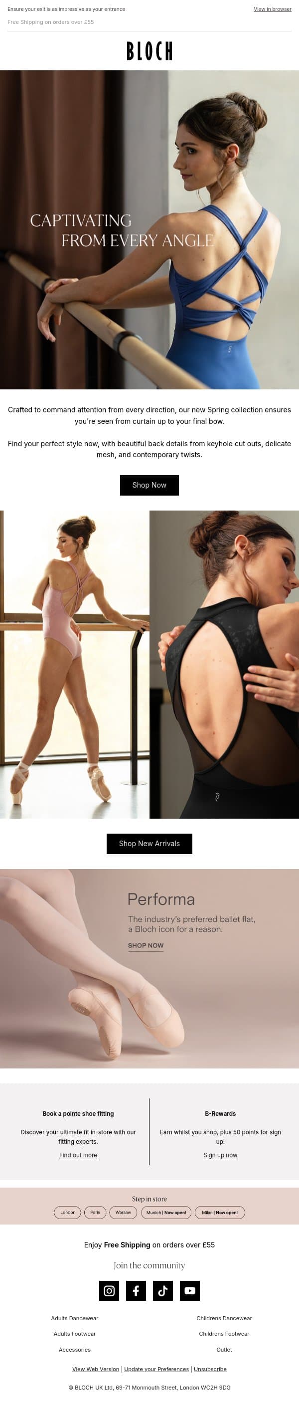 Spring leotards | Elegance in the back email from Bloch screenshot