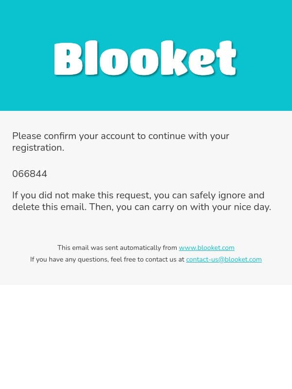 Blooket Registration Verification email from Blooket screenshot