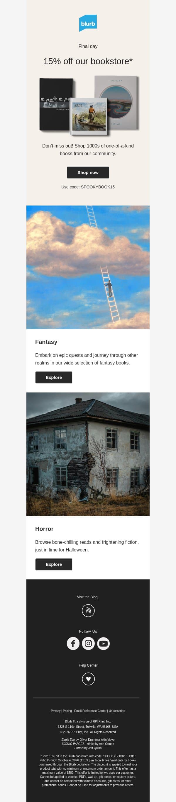 Final day: Save 15% at our bookstore email from Blurb screenshot